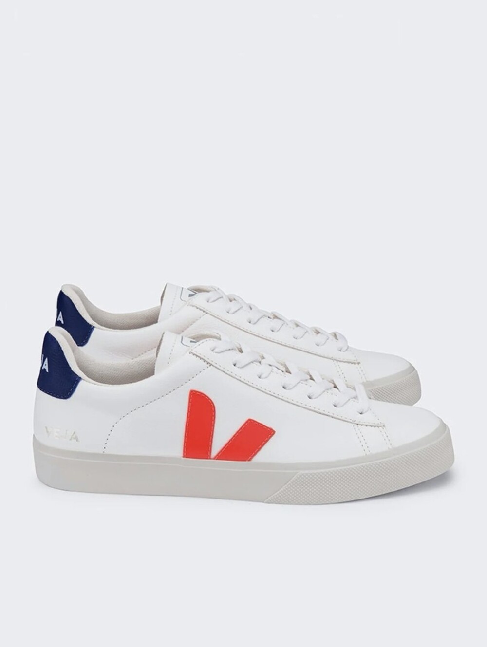 Veja Mens Campo Sneaker, Leather, Size 6, White, Orange and Navy